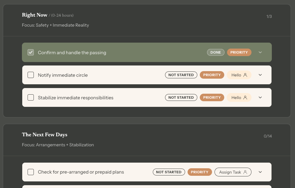 After loss task management interface with priority labels on a dark background